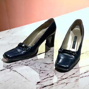 ELLEN TRACY Blue Calf Skin Embellished Block Heel Pumps Shoes 7.5 B